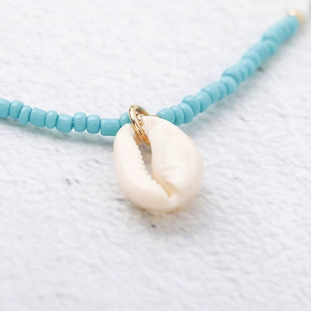 Boho Cowrie Shell Drop Necklace Turquoise Beads - Picture 4 of 5